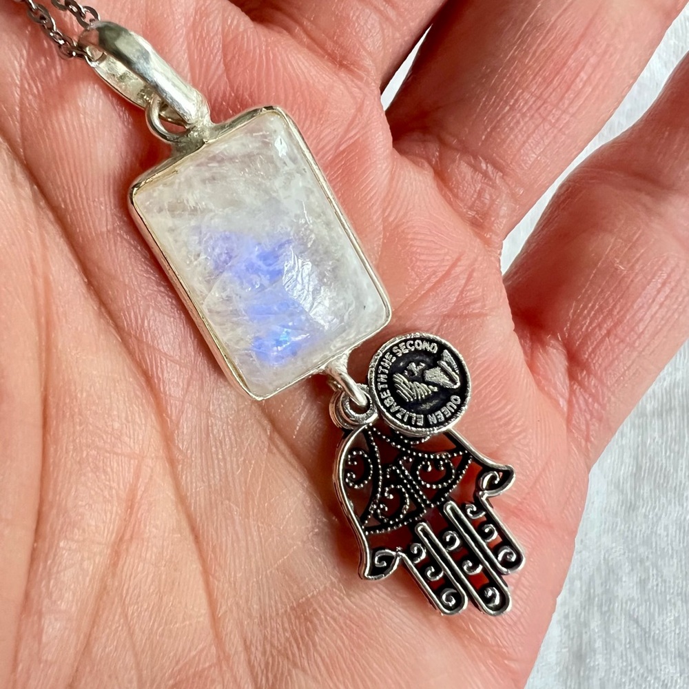 925 Hamsa 🪬 Rainbow Flash Moonstone Pendant Necklace